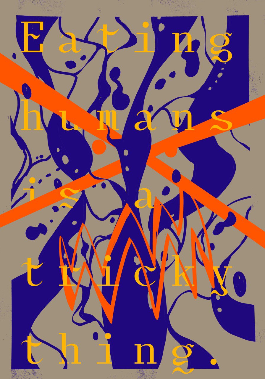 Abstract painting, warm tones: eating humans is a tricky thing