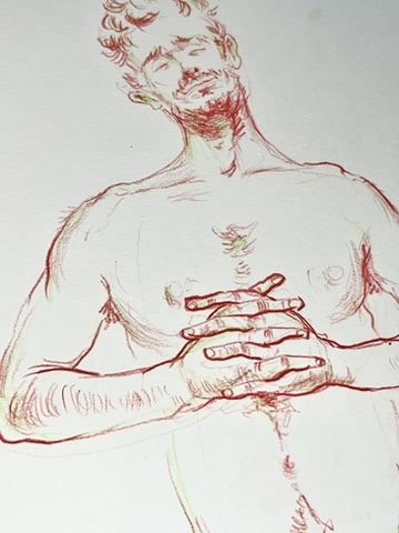 coloured drawing of a sleeping young man