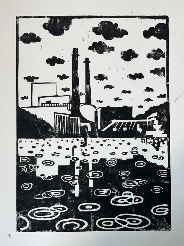 Linocut of a power plant at the sea
