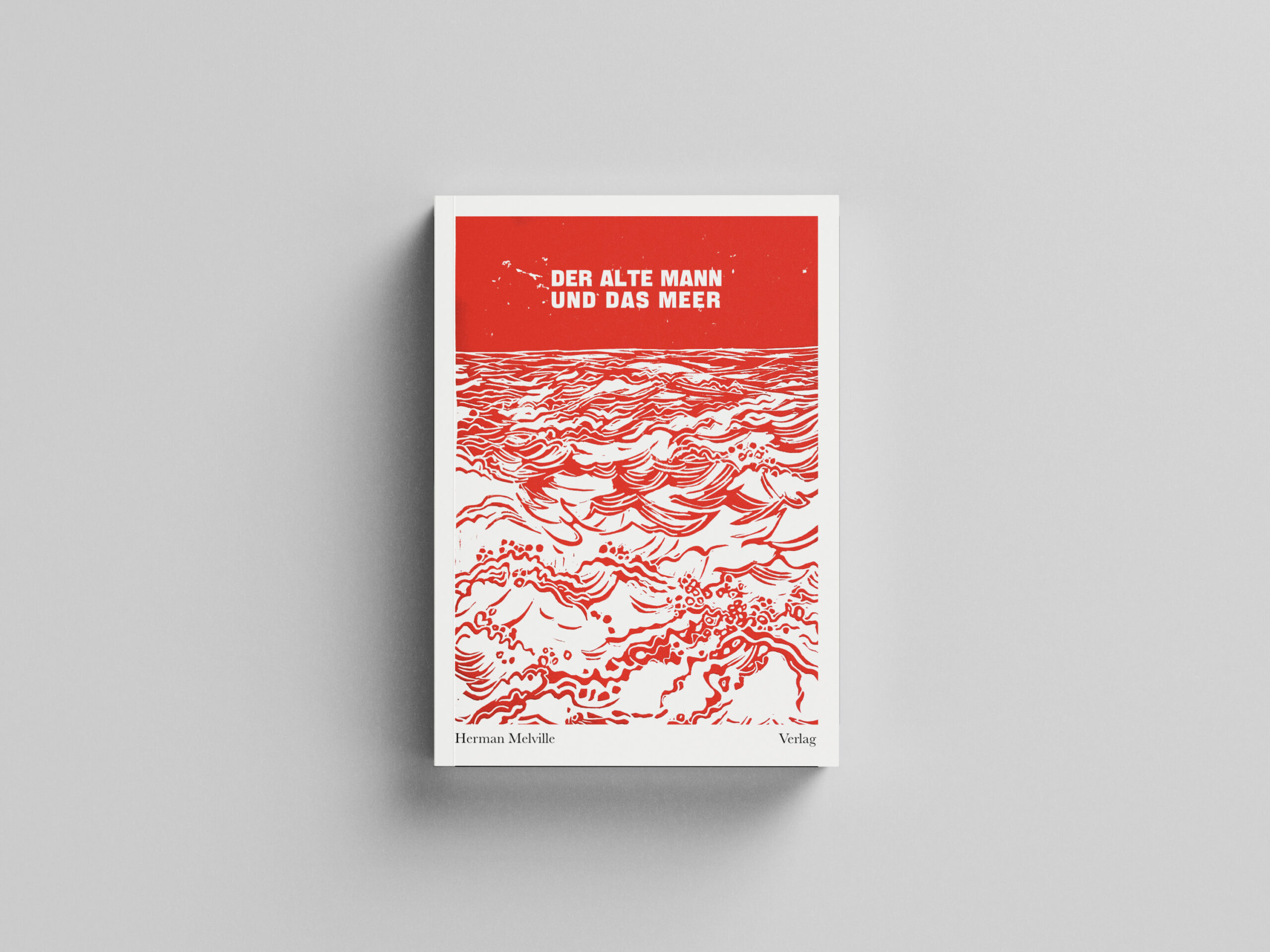 A book cover showing a red linocut print of the sea