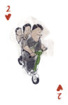 vivid illustration of three boys on an e scooter