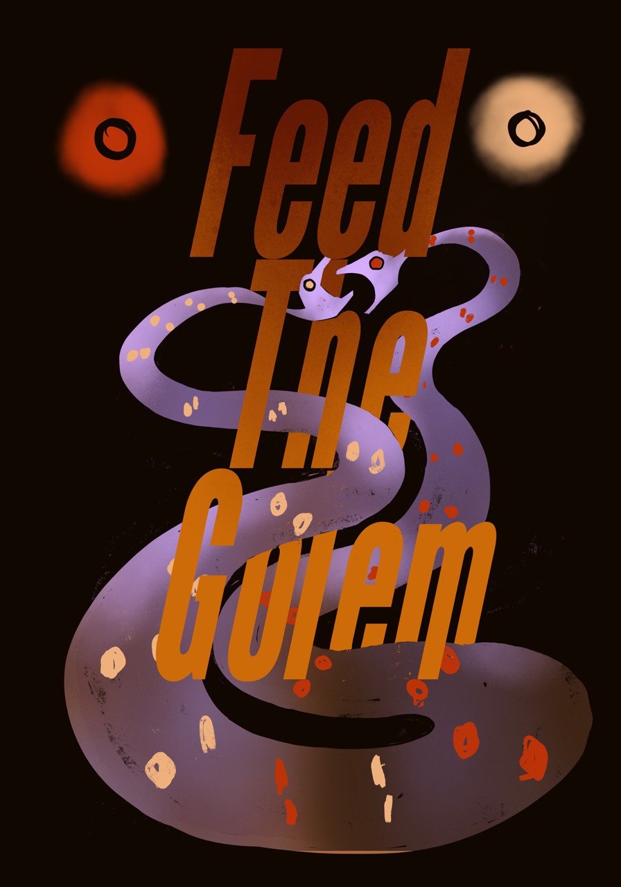 dark painting of two snakes in form of roads: feed the golem