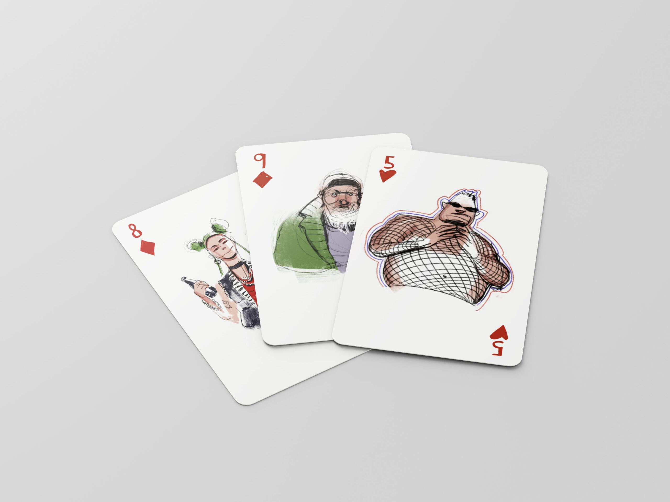 three playing cards with people