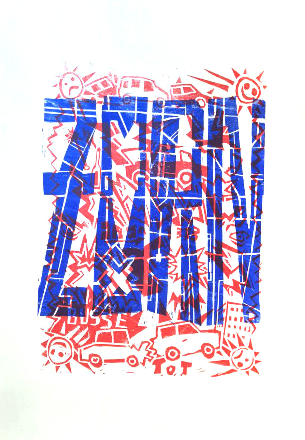 linocut in red and blue of wild comic road rage and the word: zorn